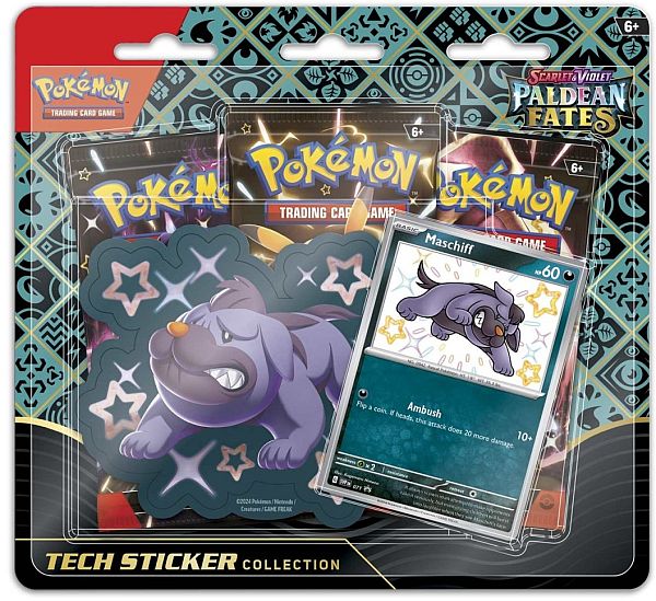 Pokemon Blister Pack - Scarlet & Violet: Paldean Fates - Tech Sticker Collection Blister: Maschiff (3 Boosters)