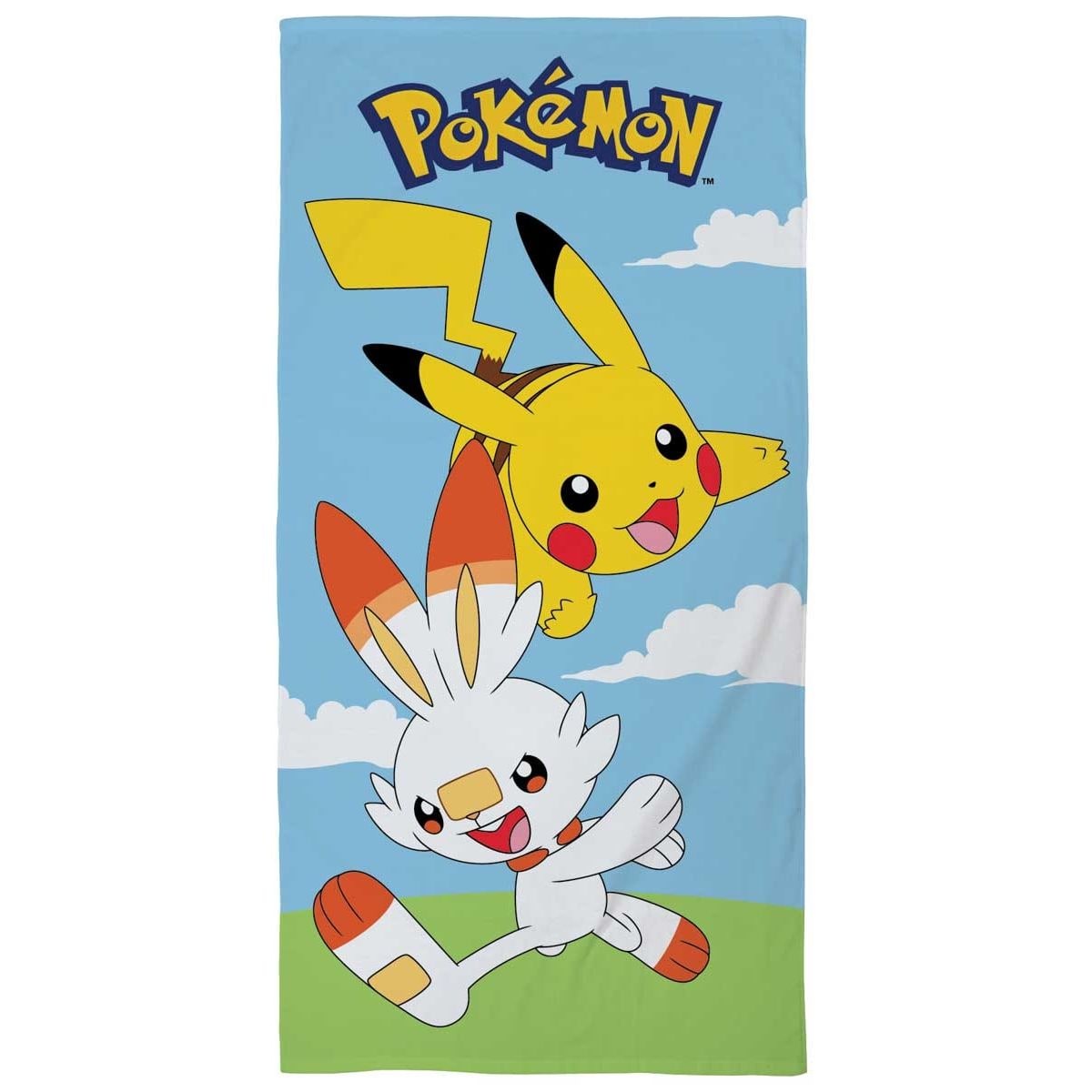 Pokémon håndklæde - 70x140 cm - 100% bomuld - Blødt badehåndklæde med Pikachu og Scorbunny